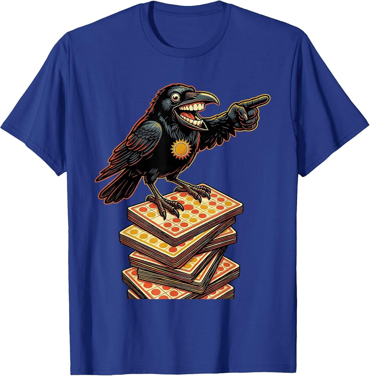 Crow Perched on Bingo Cards Illustration T-Shirt - Royal Blue