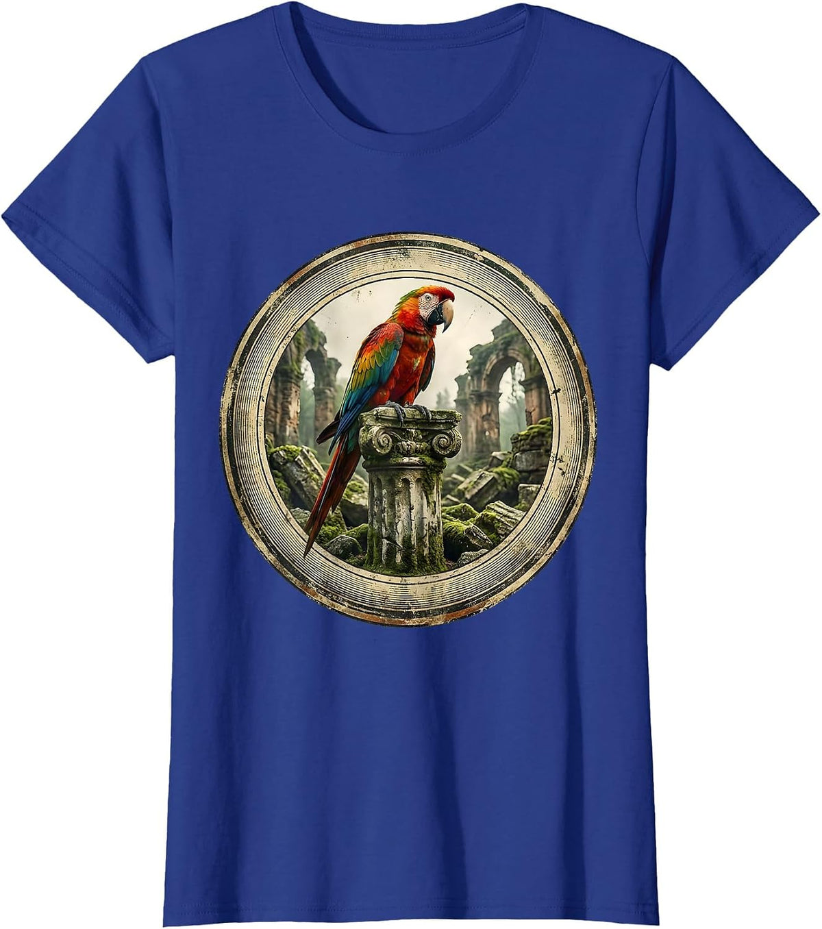 Women's Parakeet on Stone Ruins Graphic Design T-Shirt - Royal Blue