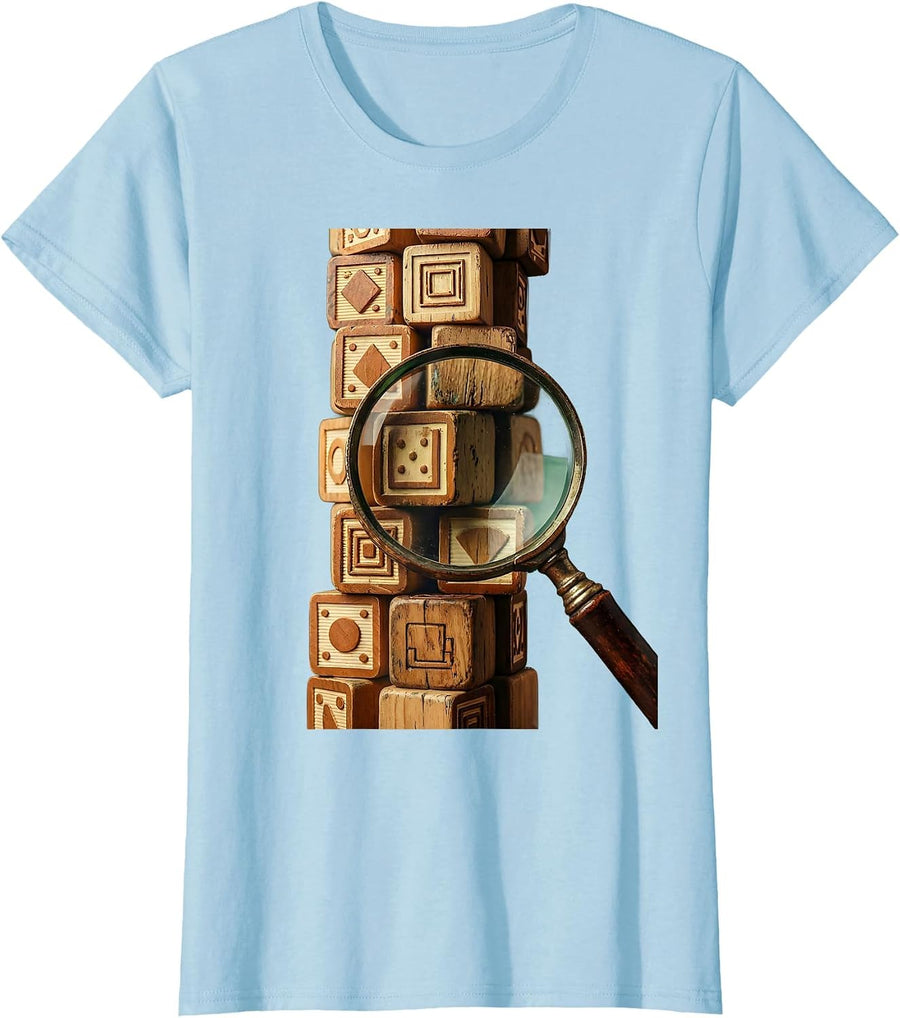 Women's Alphabet Blocks Magnifying Glass SLP Design T-Shirt - Baby Blue
