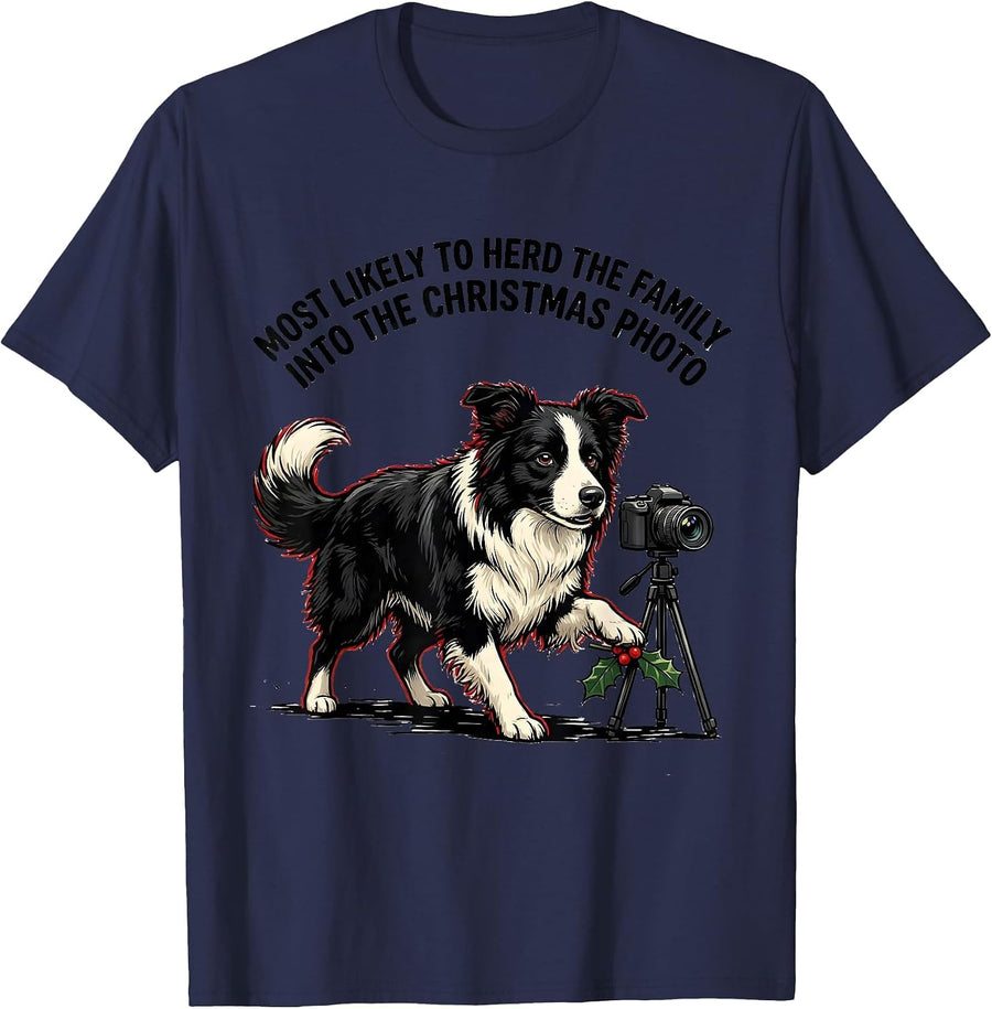 Most Likely To Herd The Family Into The Christmas Photo T-Shirt - Navy Blue