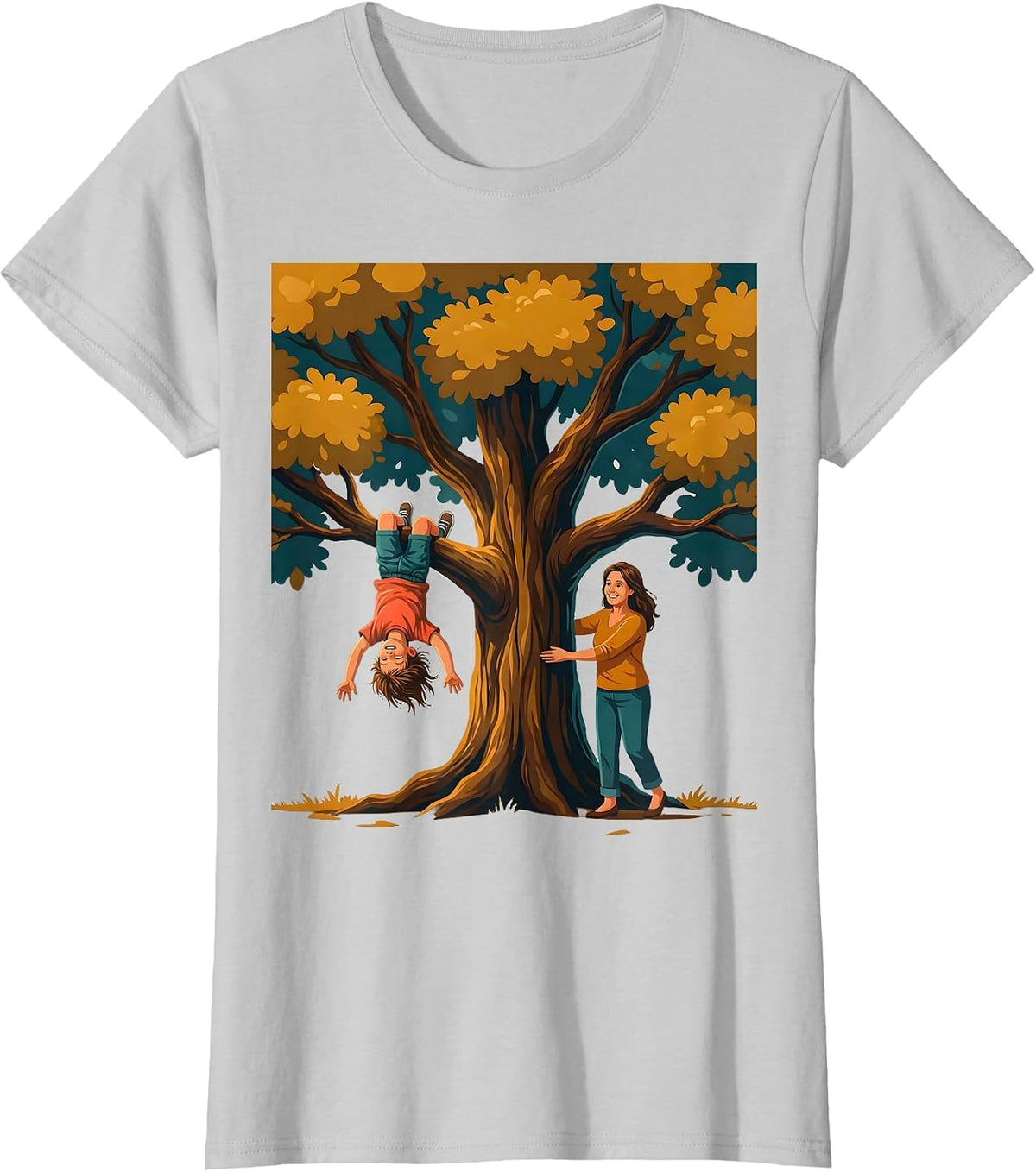 Women's Boy Mom Upside Down Tree Climbing Illustration T-Shirt - Silver Grey