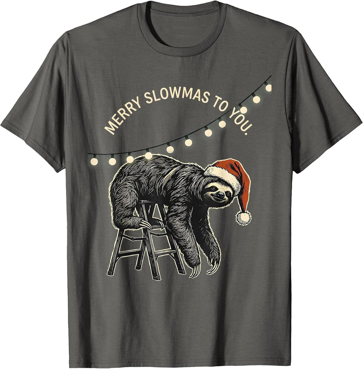 Merry Slowmas to You Funny Sloth Lover Christmas Lights T-Shirt - Asphalt Grey