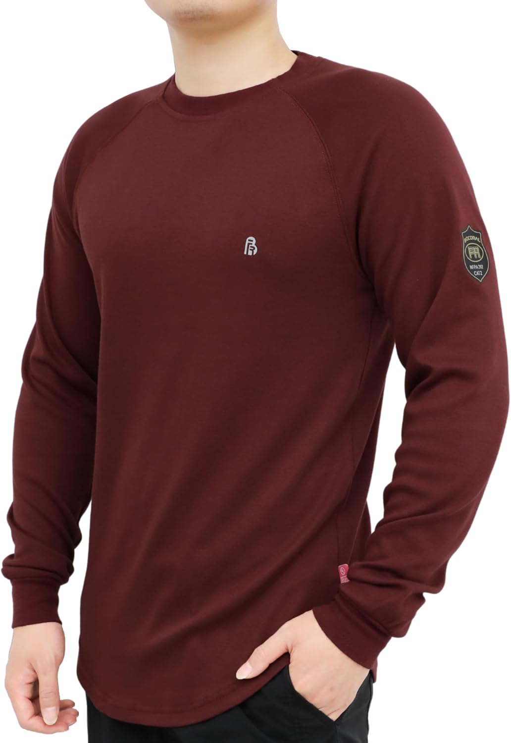 BOCOMAL FR Shirts for Men Heavyweight Flame Resistant Pocket-Free Crewneck - Maroon