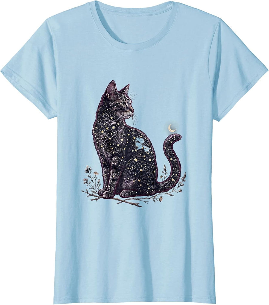Women's Celestial Cat Constellation Star Art Design T-Shirt - Baby Blue