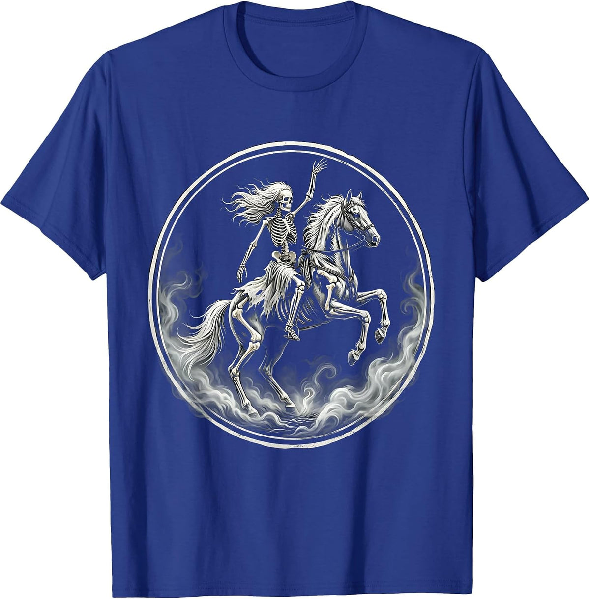 Skeleton Woman Riding Horse Through Fog Art T-Shirt - Royal Blue