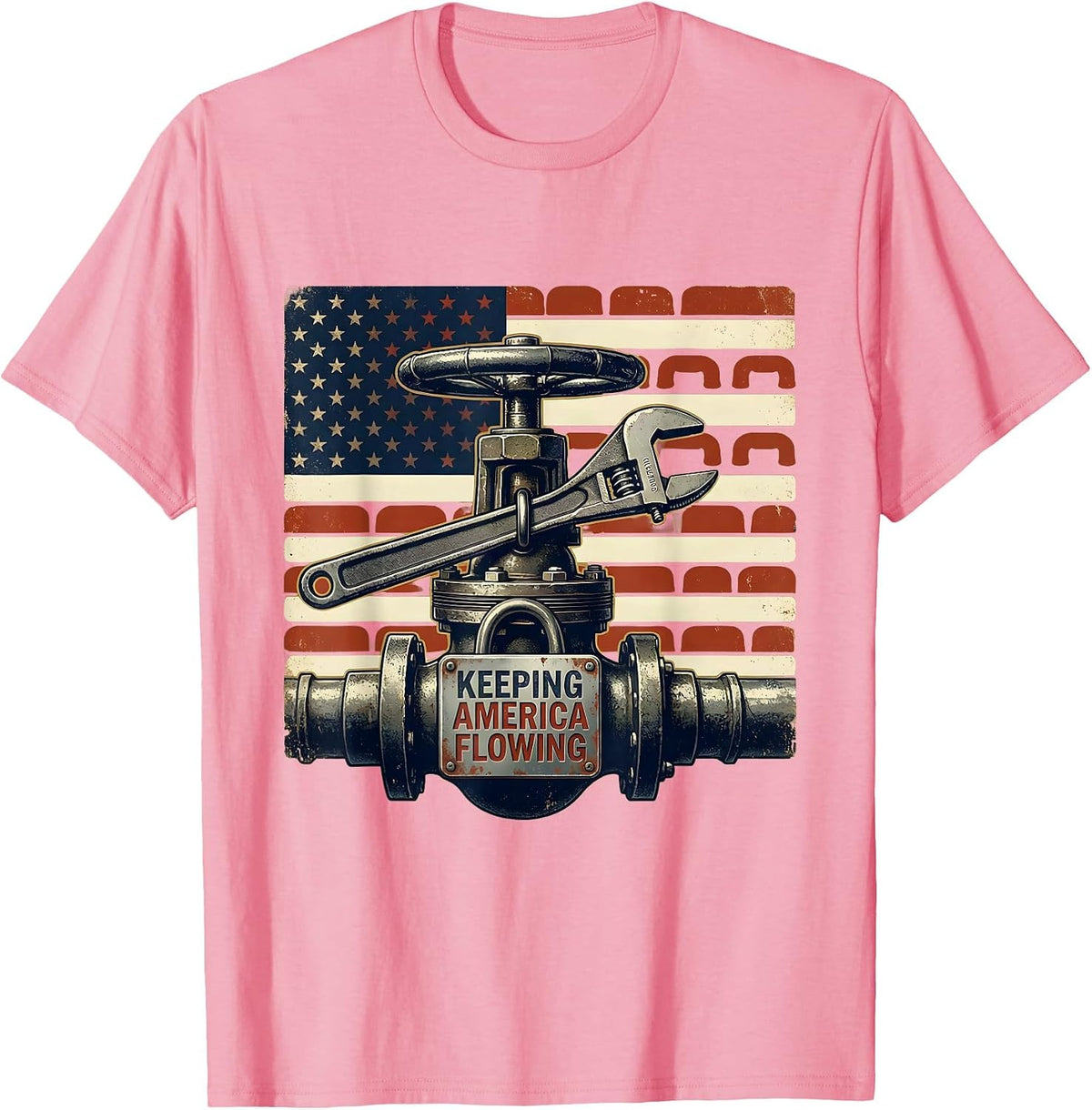 Men's Keeping America Flowing Vintage Plumber American Flag T-Shirt - Pink