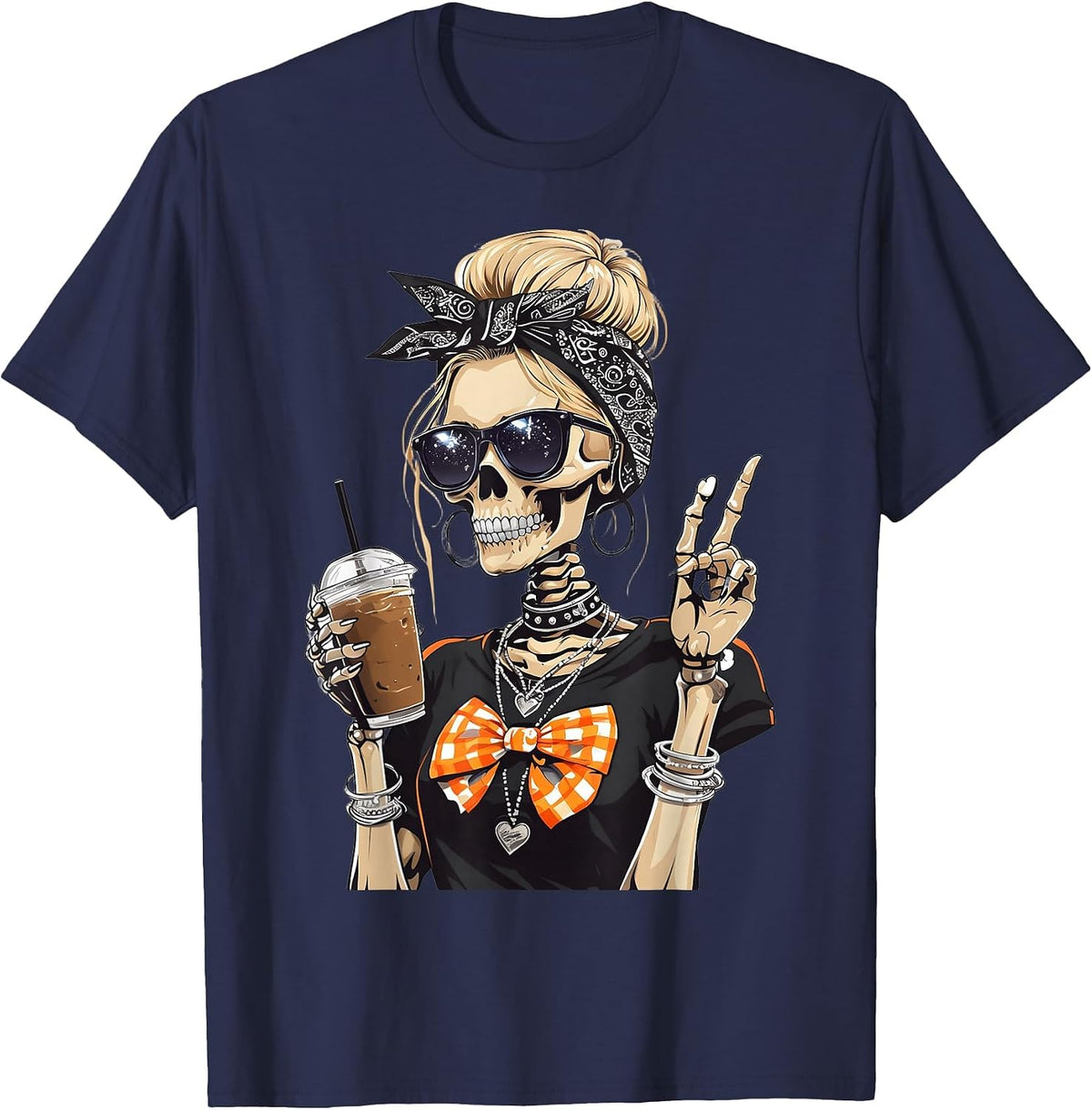 Skeleton Girl Drinking Coffee Peace Sign Graphic for Women T-Shirt - Navy Blue