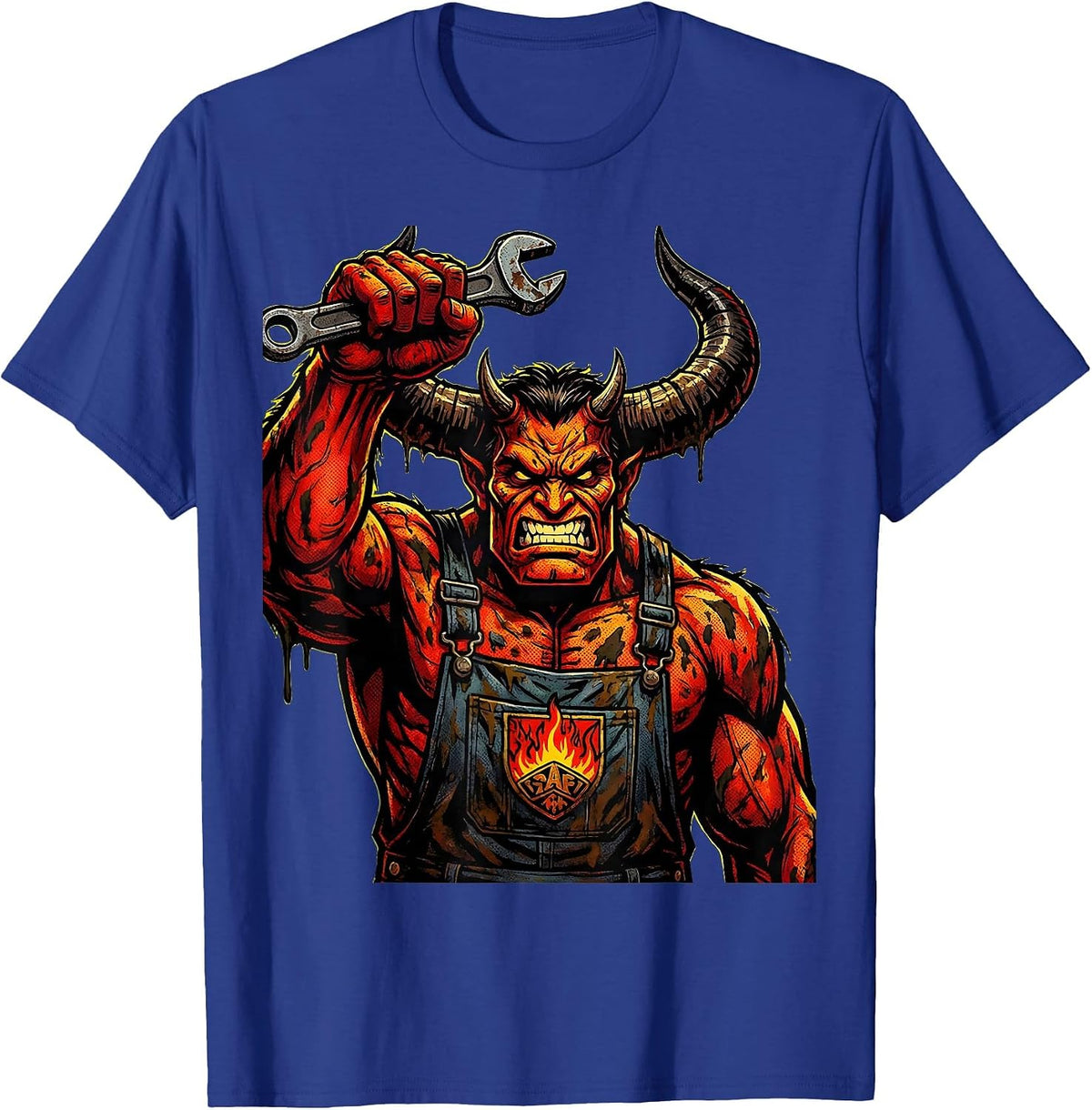 Horned Demon Mechanic Wrench Raised Graphic T-Shirt - Royal Blue