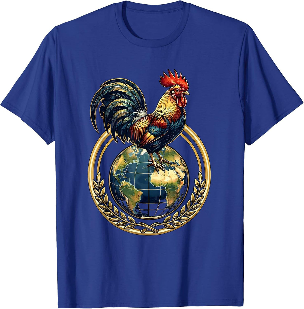 Men's Rooster Ruling the World Globe Graphic T-Shirt - Royal Blue