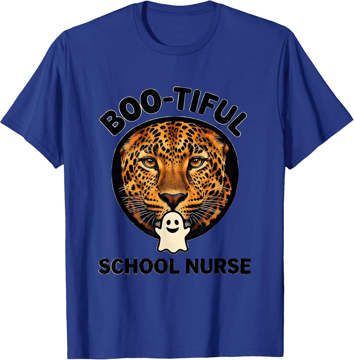 Boo-tiful School Nurse Funny Leopard Halloween Costume T-Shirt - Royal Blue