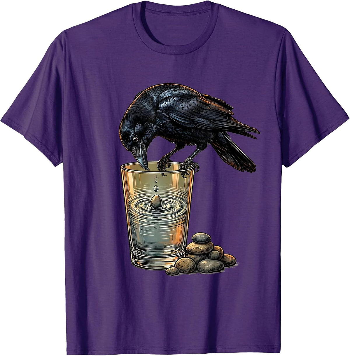 Crow Dropping Stone Into Glass Illustration T-Shirt - Purple