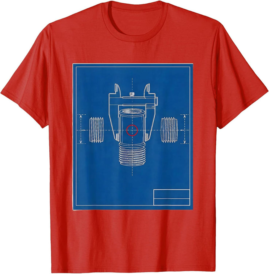 Men's Threaded Pipe Nipple Plumbing Trade Humor Blueprint T-Shirt - Red