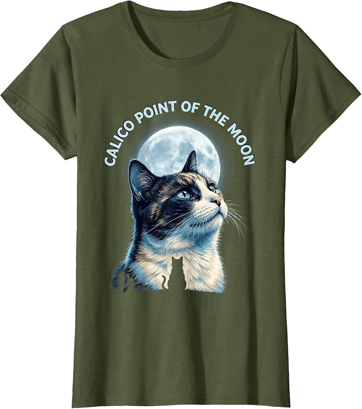Women's Calico Point Of The Moon Funny Cat Lover 90s Retro T-Shirt - Olive Green