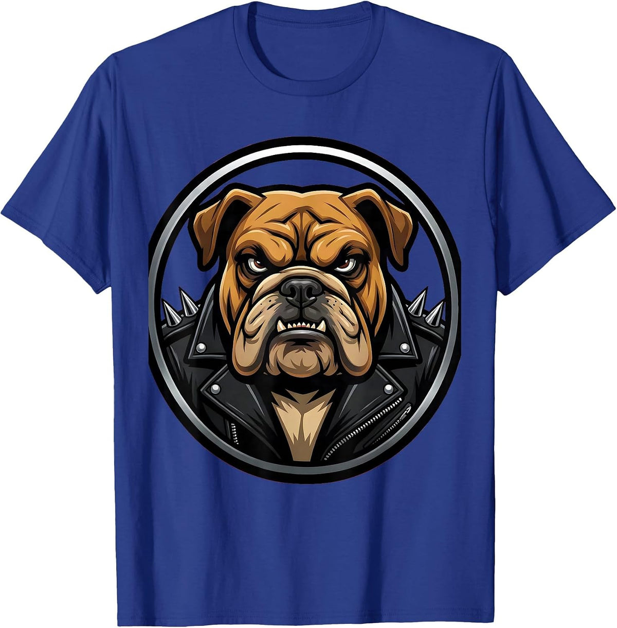 Bulldog Biker Spiked Leather Jacket Graphic T-Shirt - Royal Blue