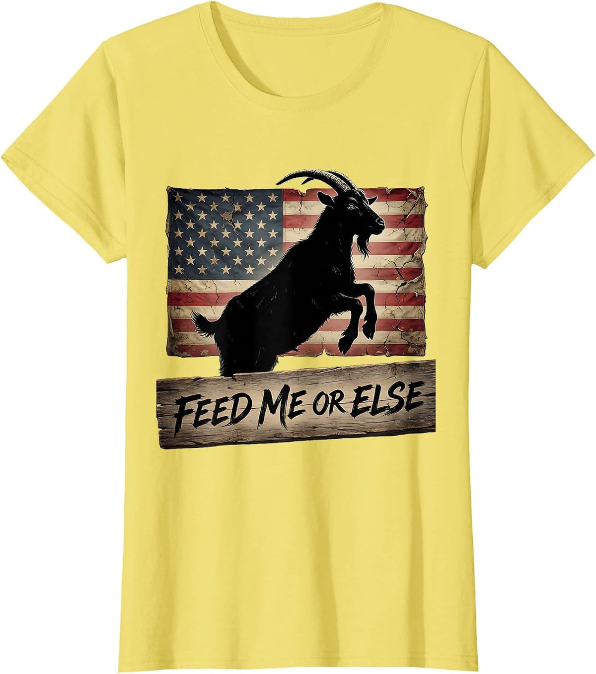 Women's Feed Me Or Else Funny Goat Graphic Design T-Shirt - Lemon Yellow