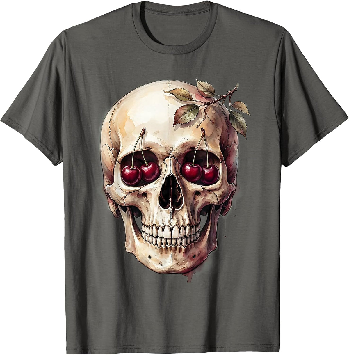 Skull With Cherry Eyes Dark Aesthetic Graphic T-Shirt - Asphalt Grey