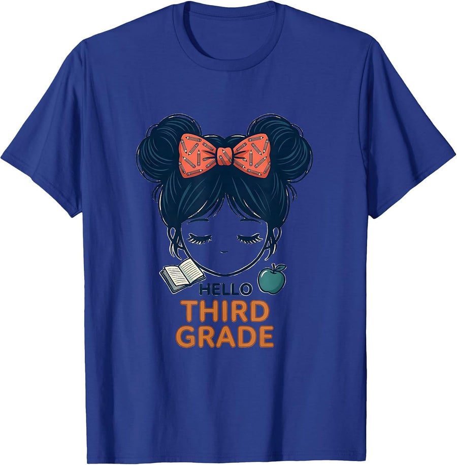 Hello Third Grade Back To School Messy Bun Girls Teacher T-Shirt - Royal Blue