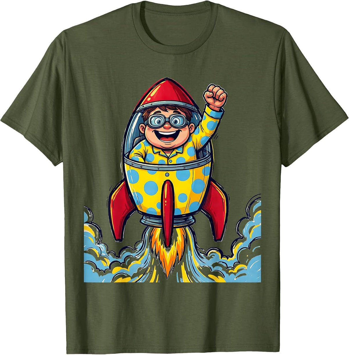 Polka Dot Boy Rocket Ship Pilot Adventure T-Shirt - Olive Green