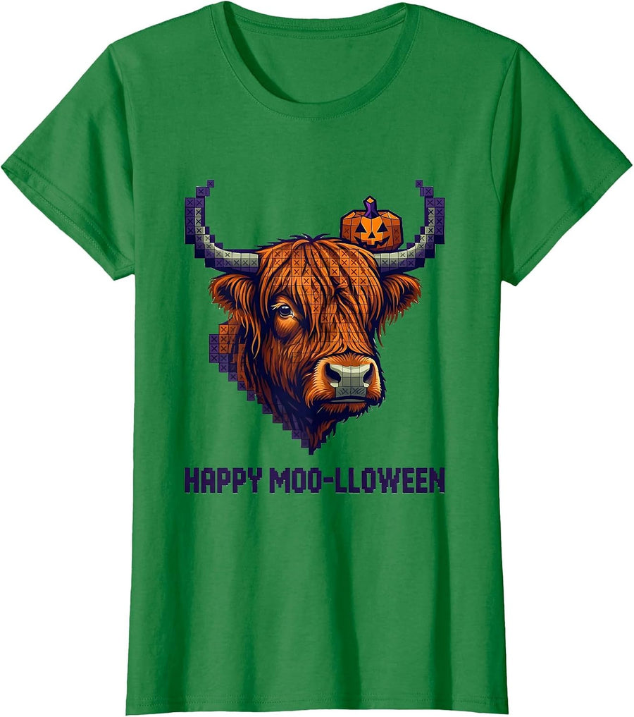 Women's Happy Moo-lloween Cross Stitch Sampler Highland Cow Holiday T-Shirt - Kelly Green