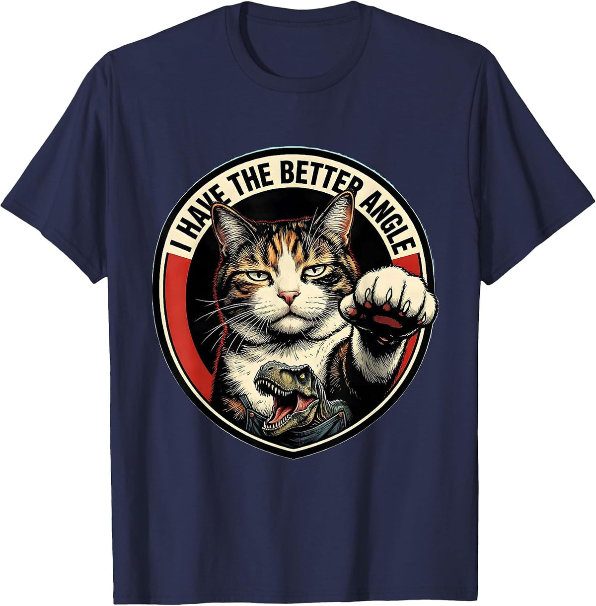 Men's I Have The Better Angle Comic Book Cat Selfie With T-Rex T-Shirt - Navy Blue