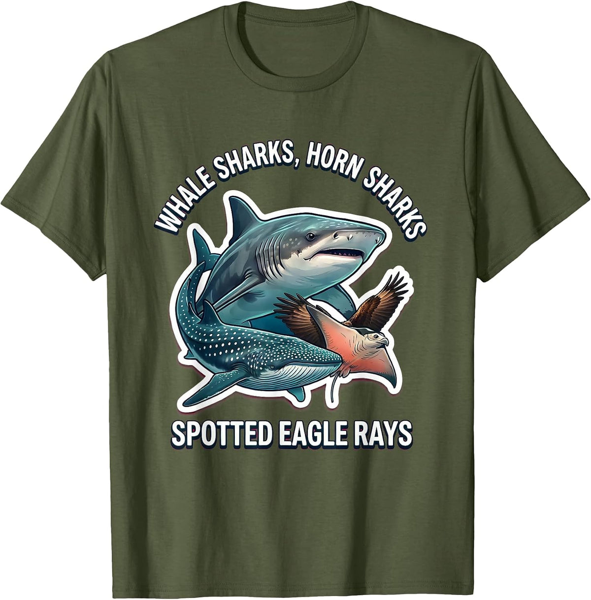 Whale Sharks, Horn Sharks, Spotted Eagle Rays Marine Biology T-Shirt - Olive Green