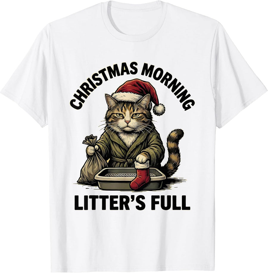Men's Christmas Morning, Litter's Full Funny Cat Lover Ugly T-Shirt - White