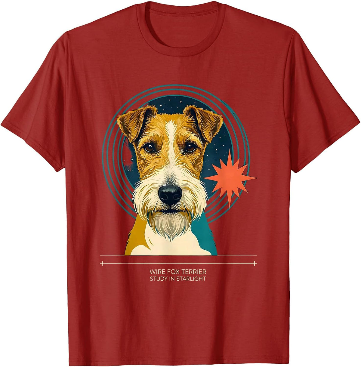 Men's Wire Fox Terrier, Study In Starlight Midcentury Modern Dog T-Shirt - Cranberry Red