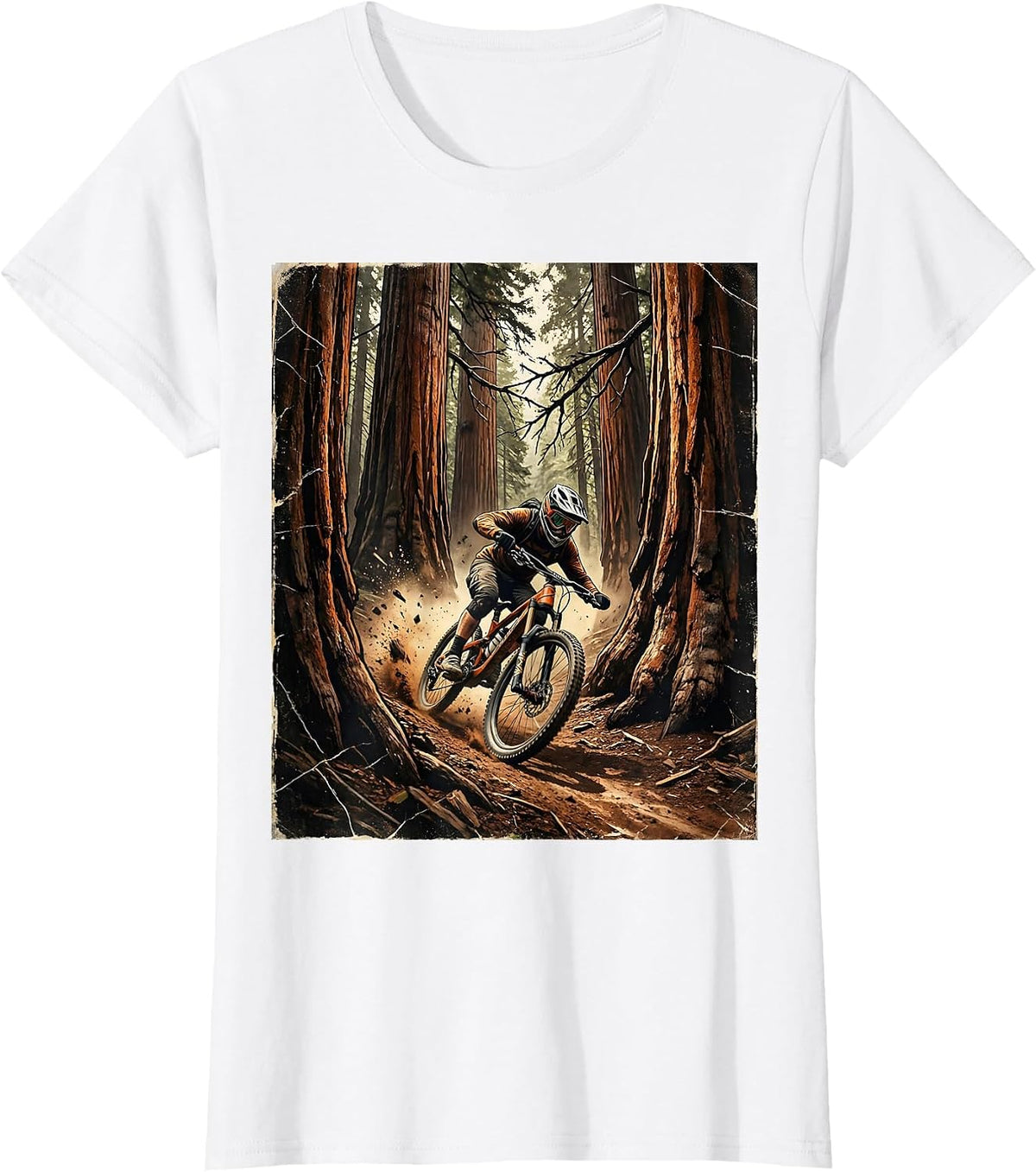 Mountain Biker Weaving Through Redwood Trees T-Shirt - White