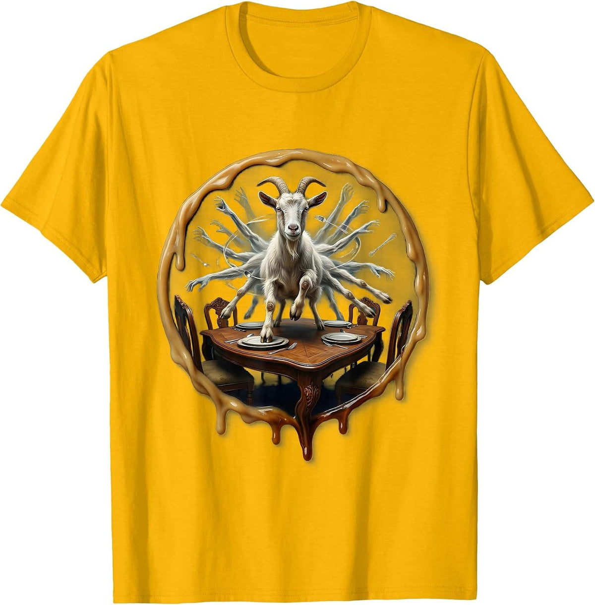 Unhinged Goat Dining Table Rampage Illustration T-Shirt - Golden Yellow