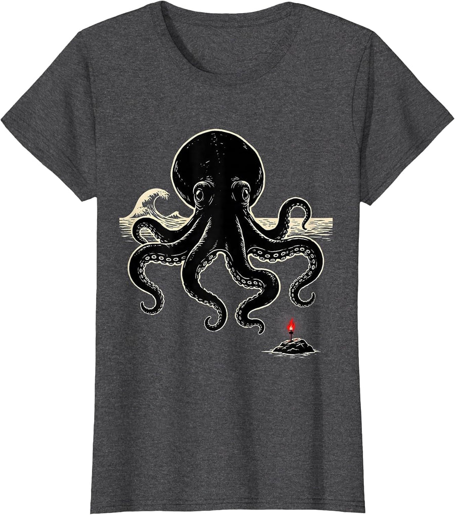 Women's Kraken Sea Monster Vintage Octopus Lover T-Shirt - Dark Heather Grey