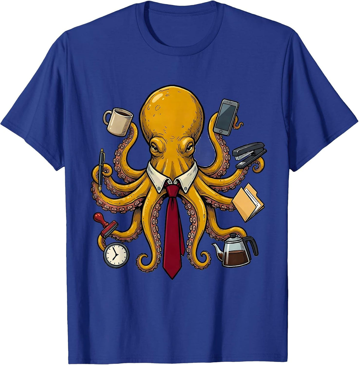 Men's Office Octopus Domed Mantle Marker Outline Vintage T-Shirt - Royal Blue