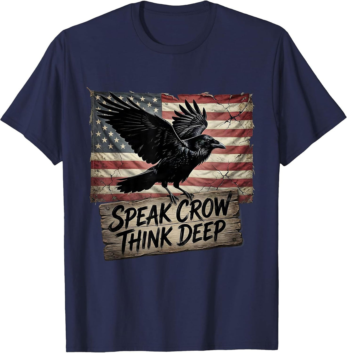 Men's Speak Crow Think Deep Mystical Bird Design T-Shirt - Navy Blue