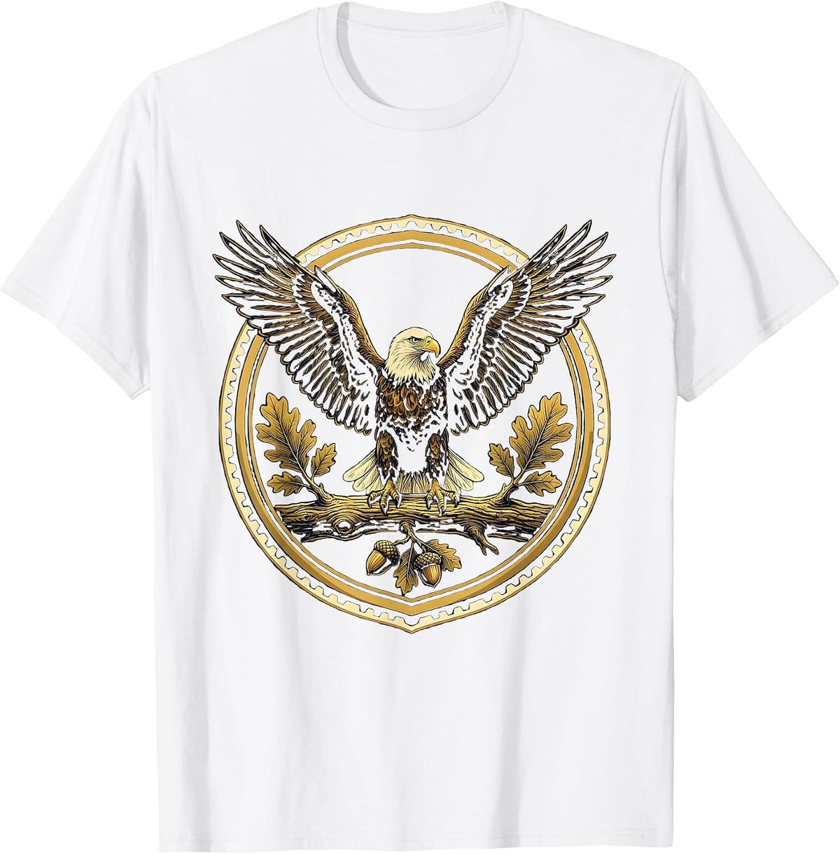 Men's Bald Eagle Perched on Oak Branch Illustration T-Shirt - White