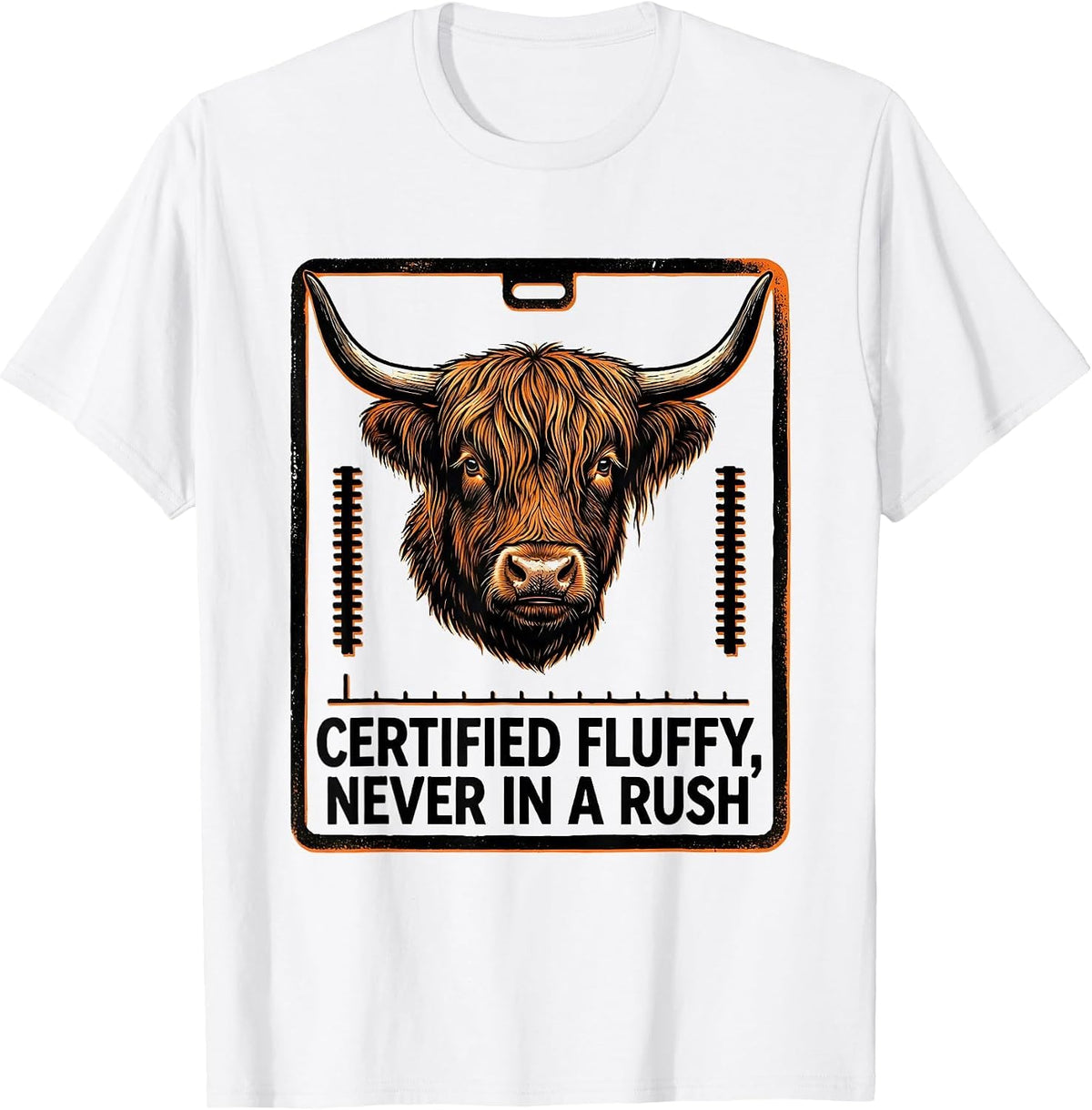 Men's Certified Fluffy Never In A Rush Cute Highland Cow Humor T-Shirt - White