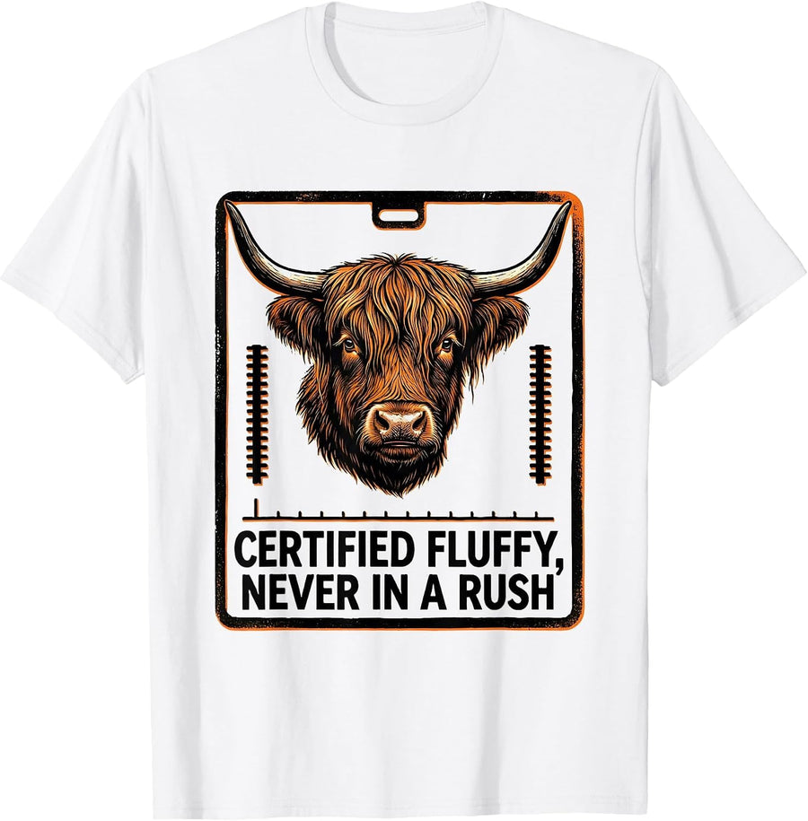 Men's Certified Fluffy Never In A Rush Cute Highland Cow Humor T-Shirt - White