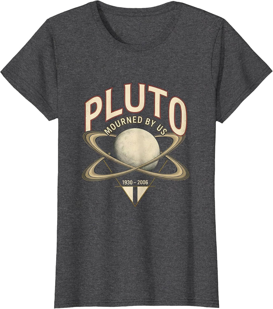 Women's Pluto Mourned By Us 1930-2006 Funny Science Nerd Space Humor T-Shirt - Dark Heather Grey