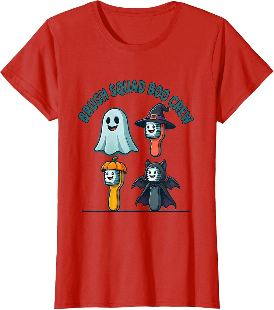 Women's Brush Squad Boo Crew Funny Dental Halloween Costume Dentist T-Shirt - Red