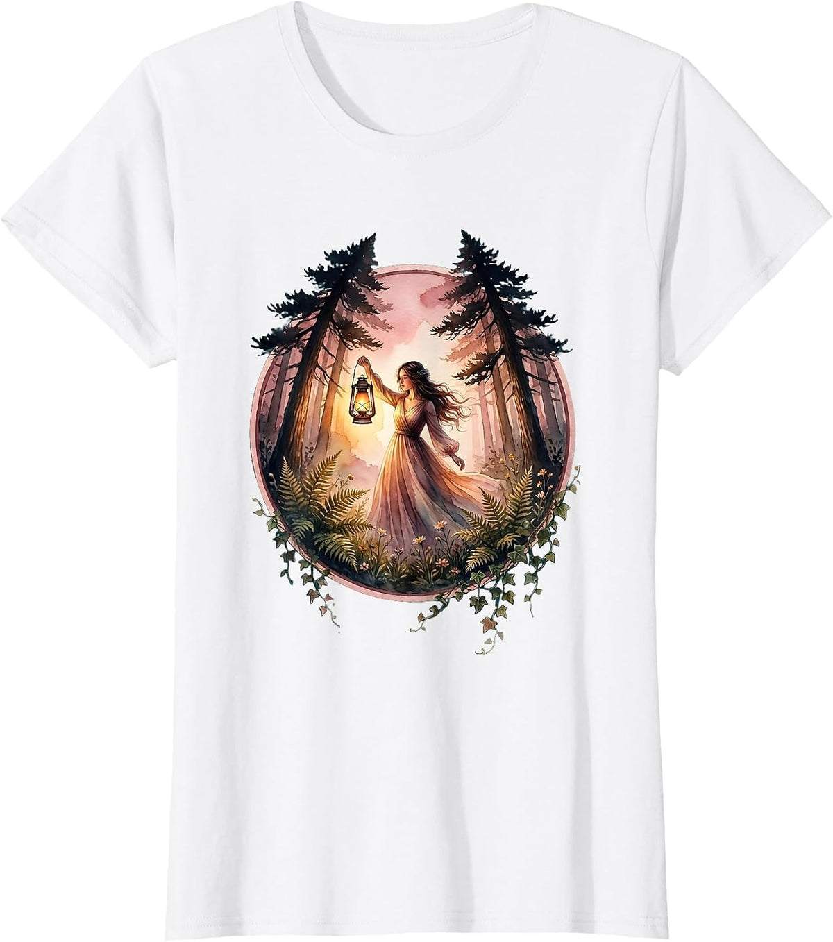 Be Kind Girl With Lantern in Deep Forest T-Shirt - White