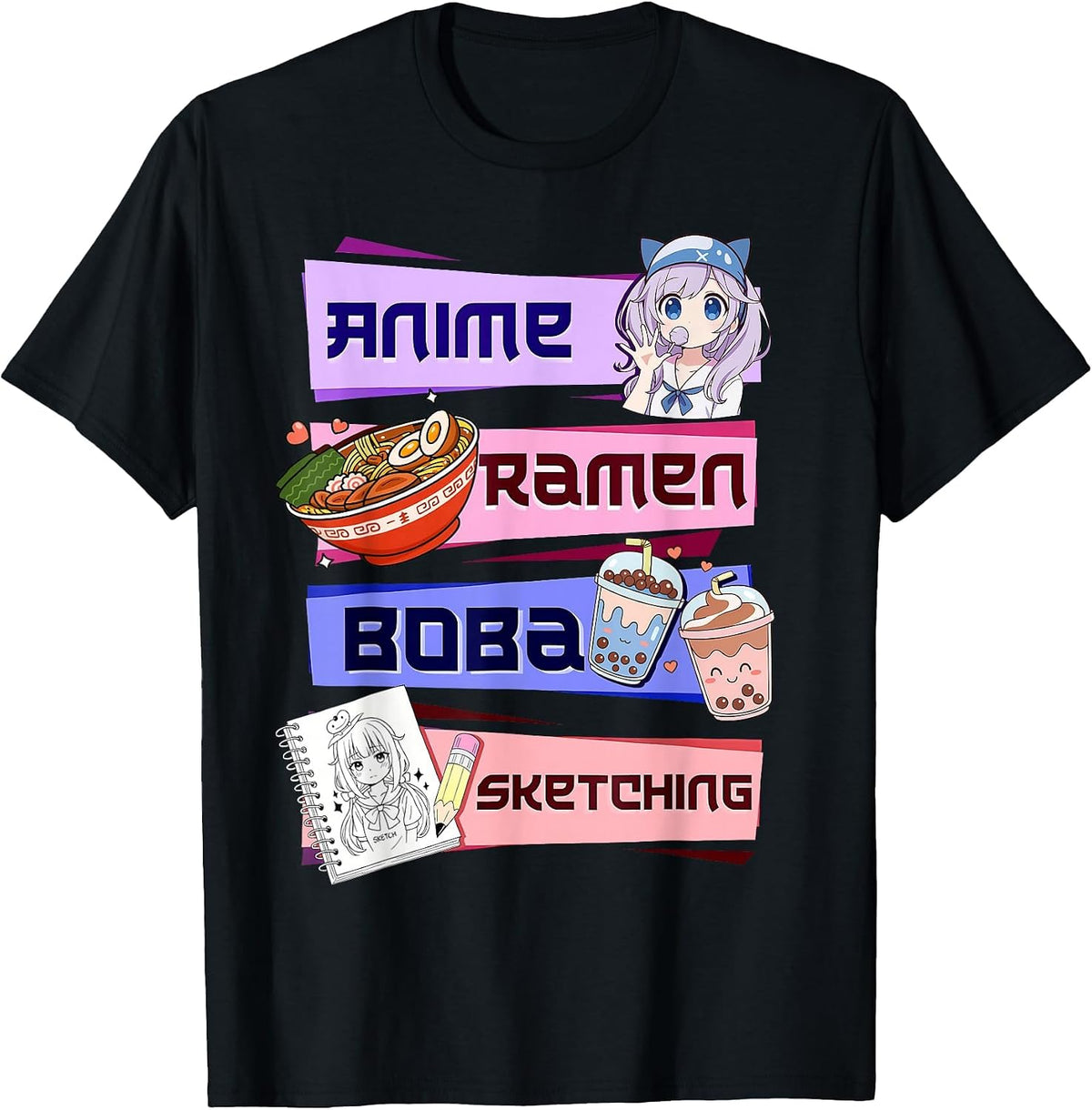 Anime Girl Ramen Boba Tea Bubble Tea Sketching Japanese T-Shirt - Black