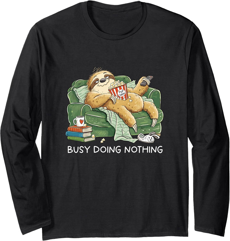 Sloth Couch Popcorn TV Movie Chill Night Lazy Humor Quote Long Sleeve T-Shirt - As Pictured