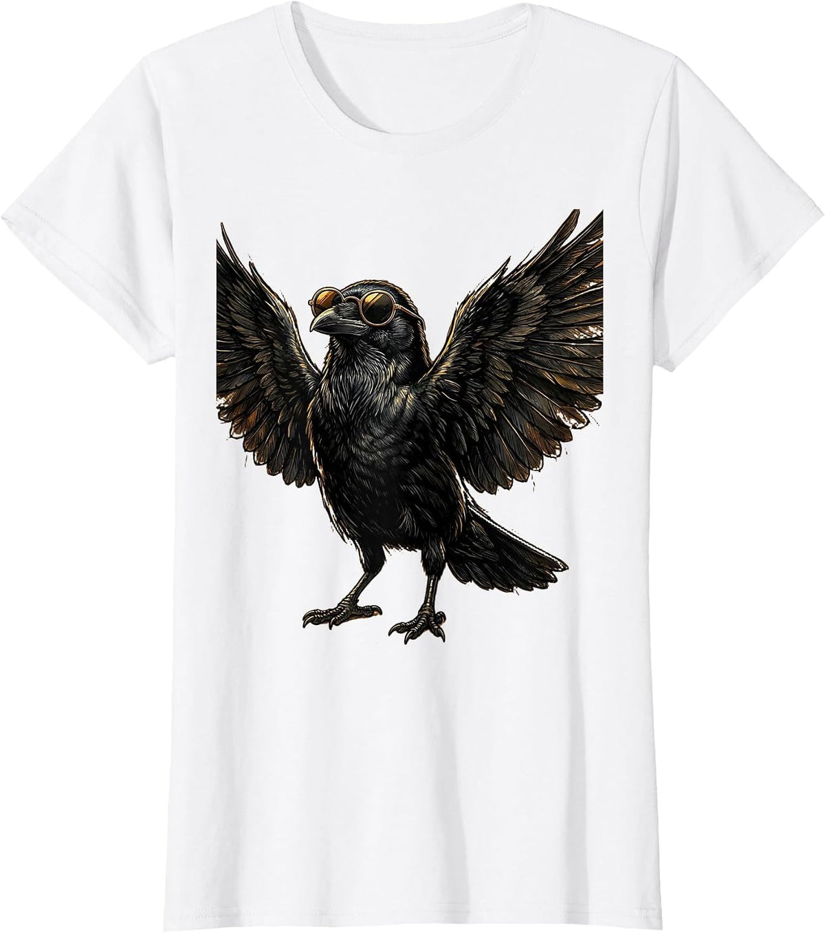 Cool Crow in Sunglasses Raised Feathers Graphic T-Shirt - White