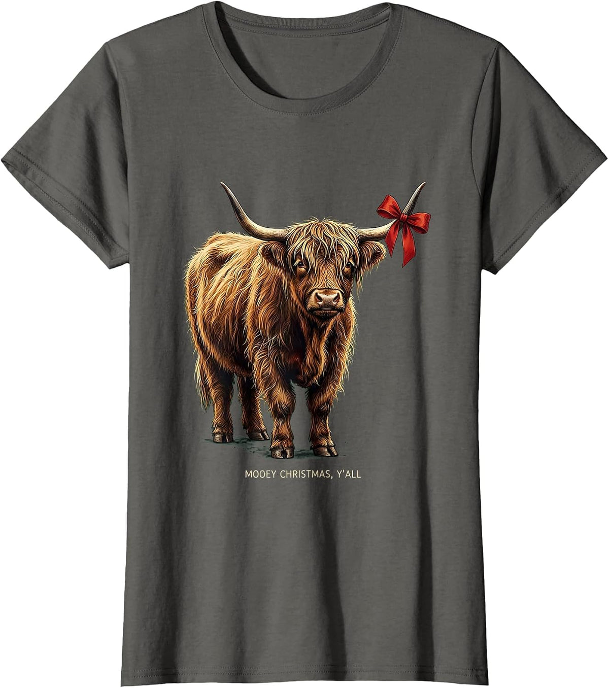 Women's Mooey Christmas, Y'all Funny Highland Cow Farm Humor T-Shirt - Asphalt Grey