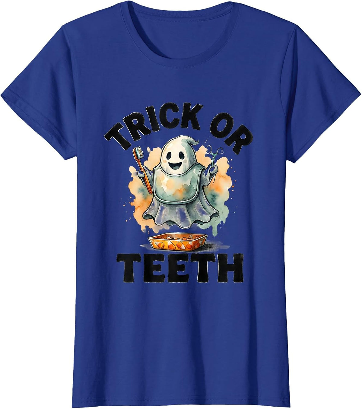 Women's Trick Or Teeth Watercolor Dental Ghost Halloween Dentist T-Shirt - Royal Blue