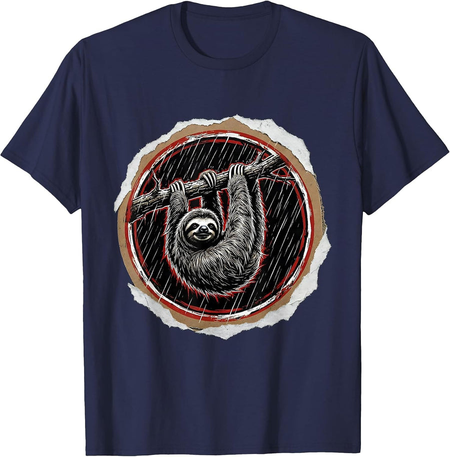 Sloth Hanging in the Rain We Do Not Care Club T-Shirt - Navy Blue