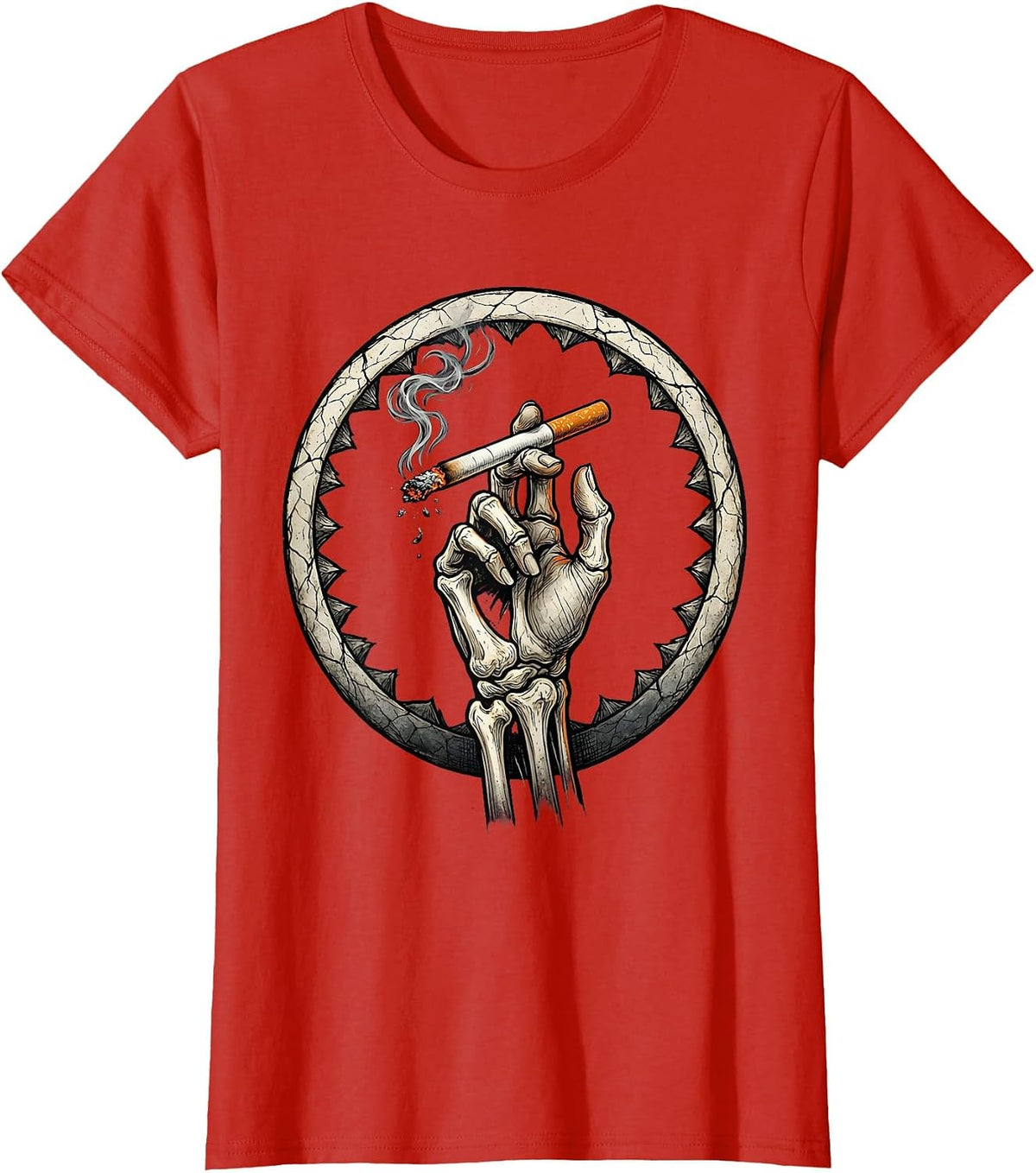 Grunge Skeletal Fingers Burning Cigarette Art T-Shirt - Red