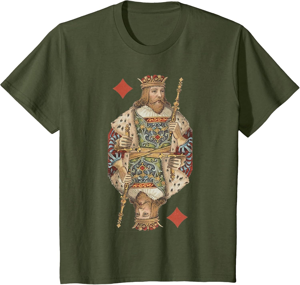King of Diamonds Antique Art Nouveau Playing Card Art T-Shirt, Youth, Olive Green, 2T - As Pictured