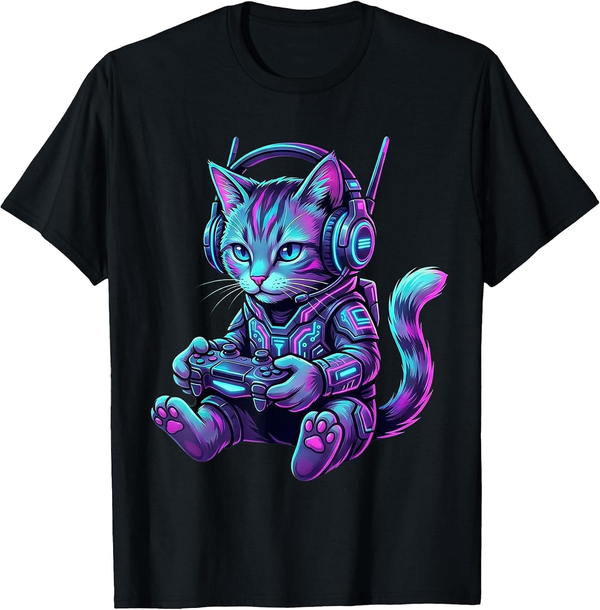 Funny Cyberpunk Cat Gamer Teen Boy Video Gaming for Men Kids T-Shirt - Black