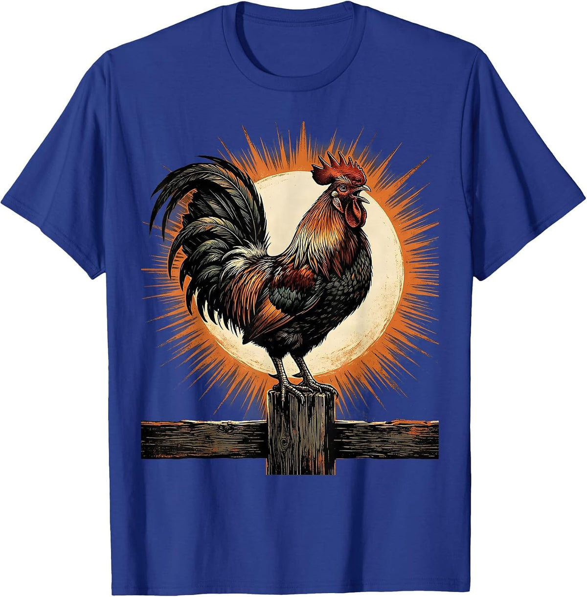 Rooster Crowing at Sunrise Graphic Design T-Shirt - Royal Blue