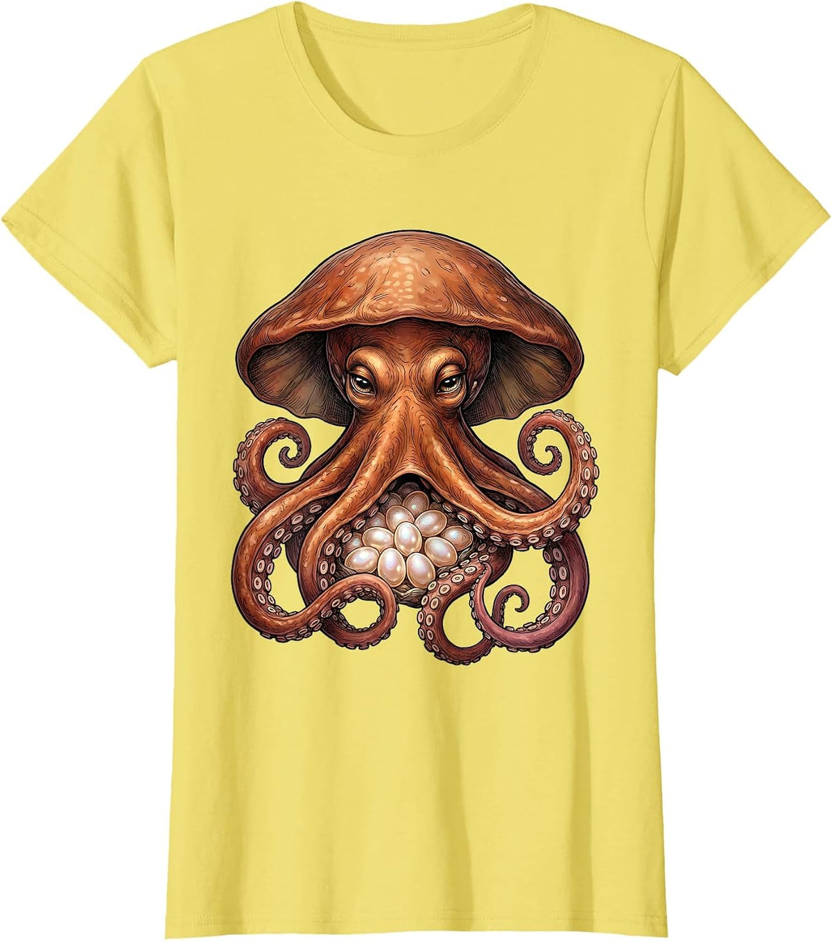 Women's Mother Octopus Sheltering Eggs Illustration T-Shirt - Lemon Yellow