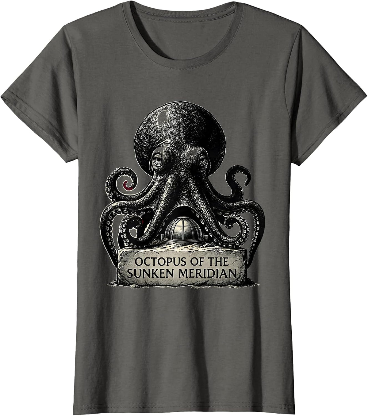 Women's Octopus of the Sunken Meridian Blackwork Dotwork Ocean T-Shirt - Asphalt Grey